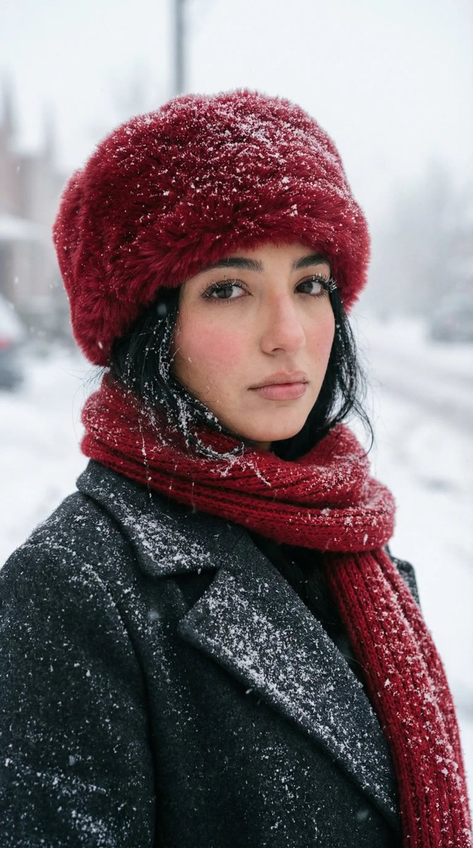 Photorealistic Winter Street Portrait with Red Accents — example 1