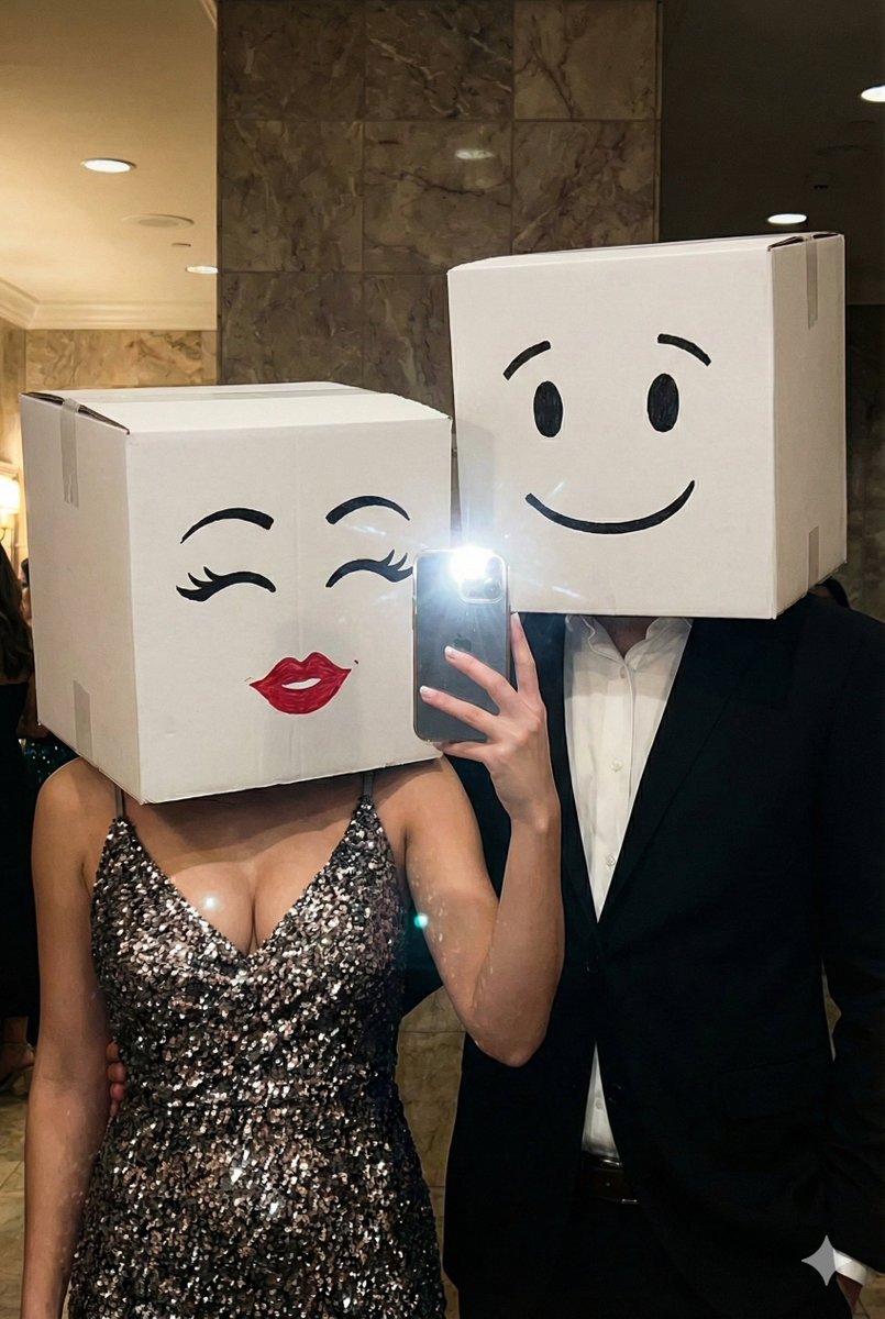 Box-Headed Couple Mirror Selfie Prompt — example 1