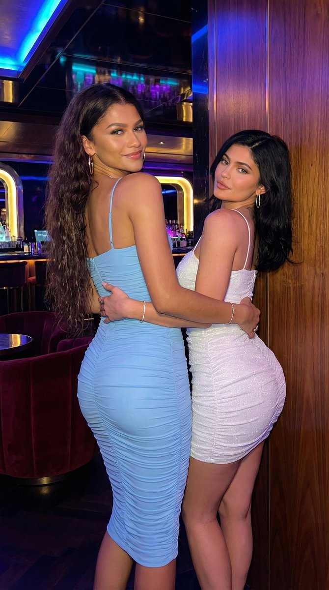 8K Fashion Photography of Two Women in Latex Dresses under Neon Light — example 2