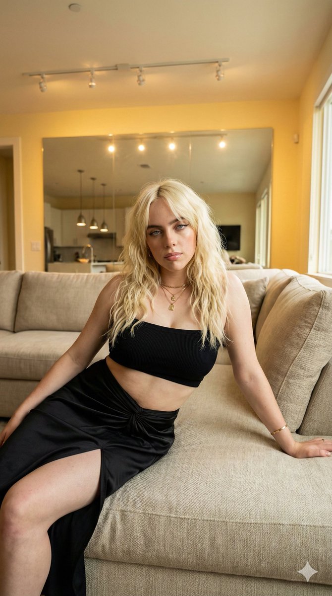 Photorealistic Portrait of Billie Eilish in Upscale Modern Living Room — example 2