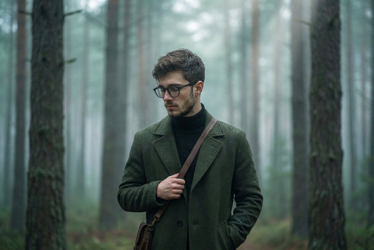 Foggy pine forest cinematic portrait — example 1