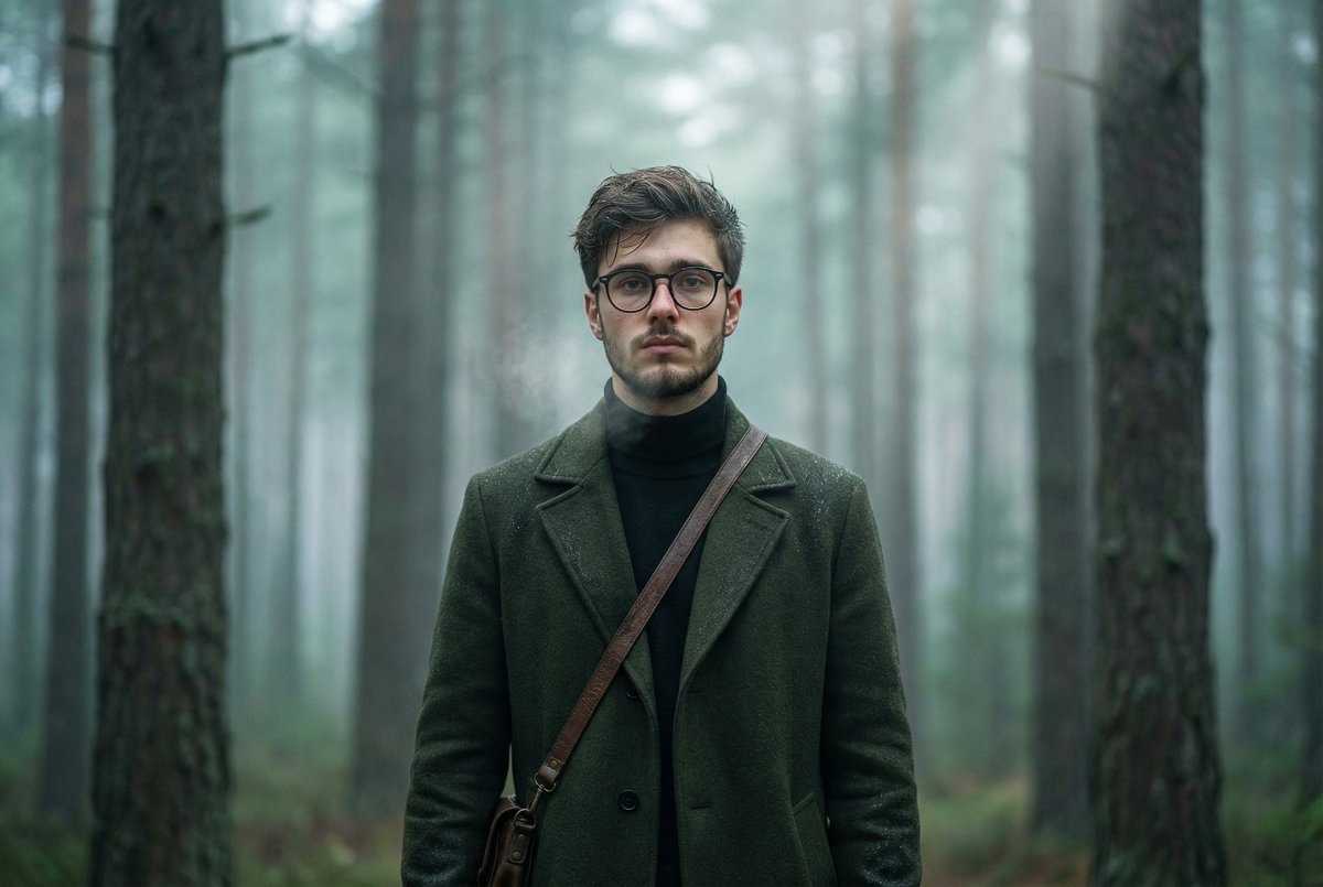 Foggy pine forest cinematic portrait — example 2