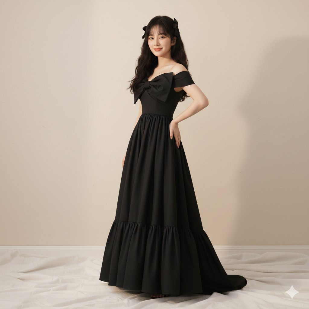 High-Fashion Editorial of Zhao Lusi in Black Bow Gown — example 1