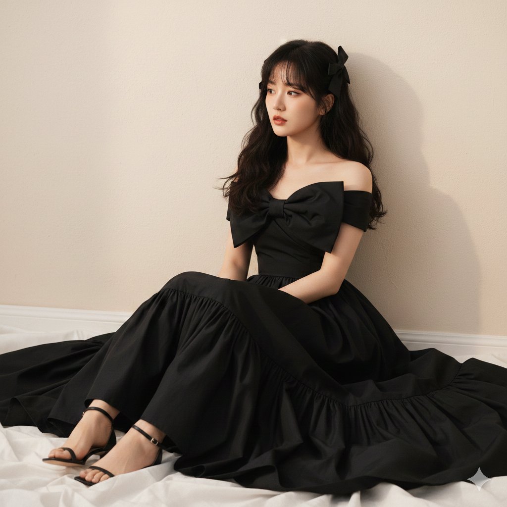 High-Fashion Editorial of Zhao Lusi in Black Bow Gown — example 2