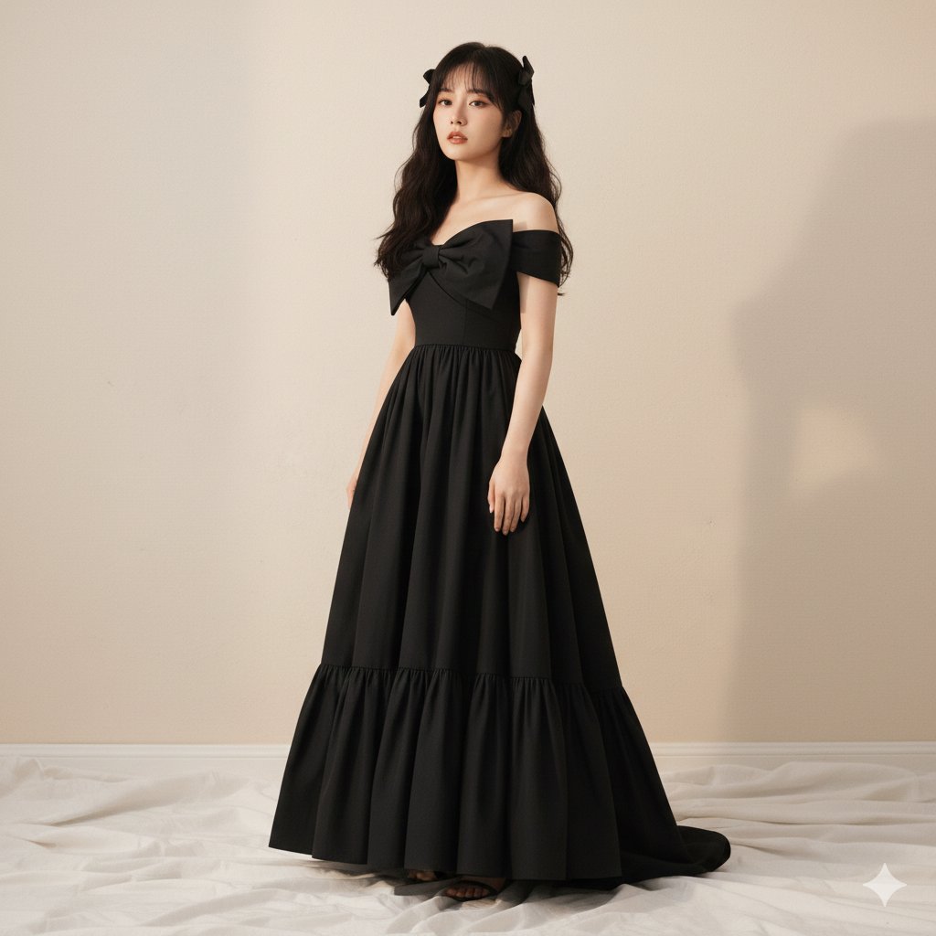 High-Fashion Editorial of Zhao Lusi in Black Bow Gown — example 3