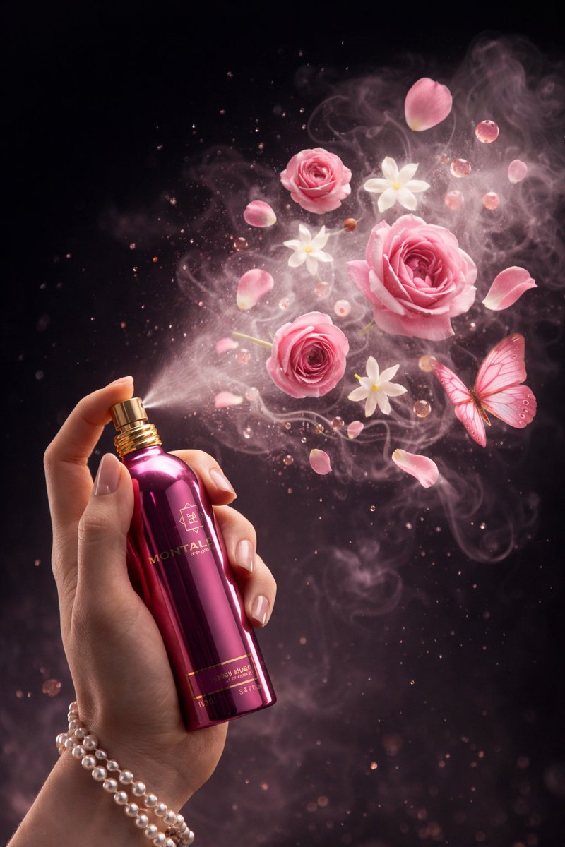 Luxury Product Photography of Perfume Bottle with Floating Flowers — example 1
