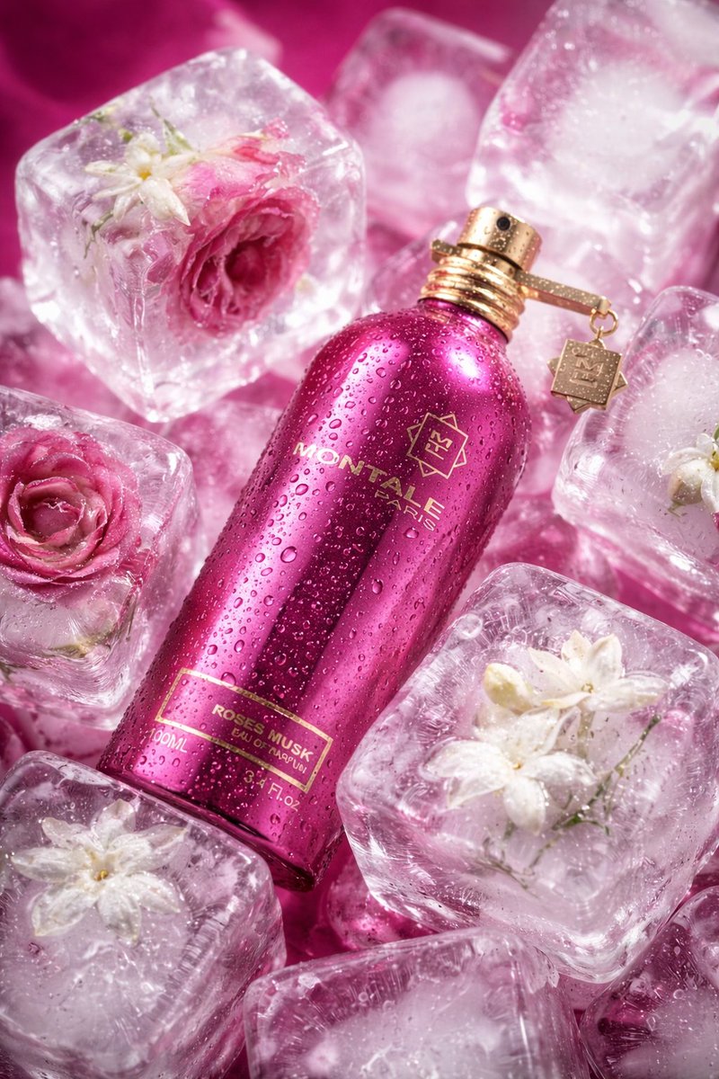 Luxury Product Photography of Perfume Bottle with Floating Flowers — example 2