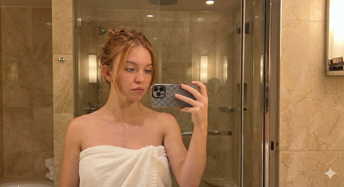 Intimate Mirror Selfie Portrait of Sydney Sweeney in a Towel — example 1