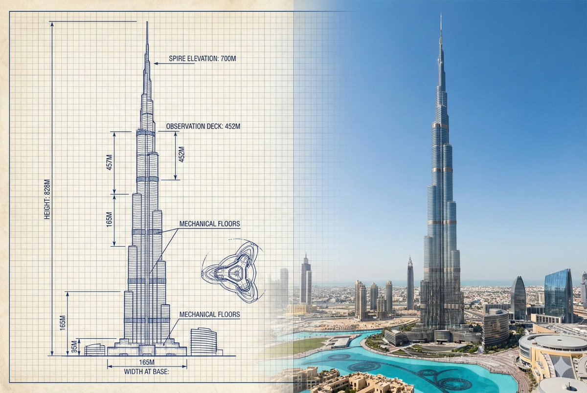 Burj Khalifa Technical Sketch and Real Photo Comparison — example 1
