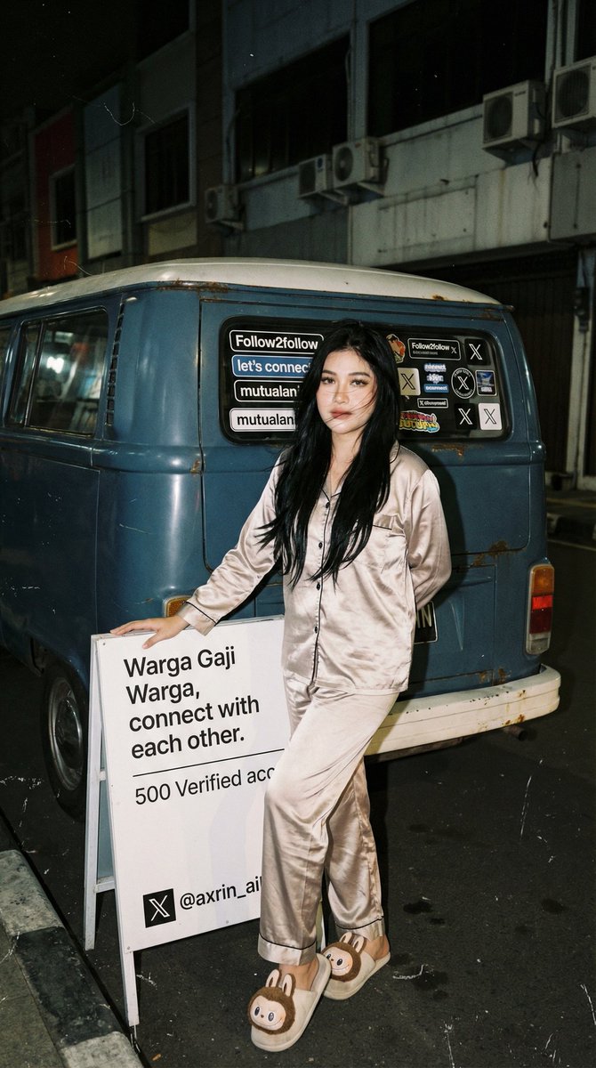 Analog 35mm Flash Photo of Woman by VW Combi Van at Night — example 1