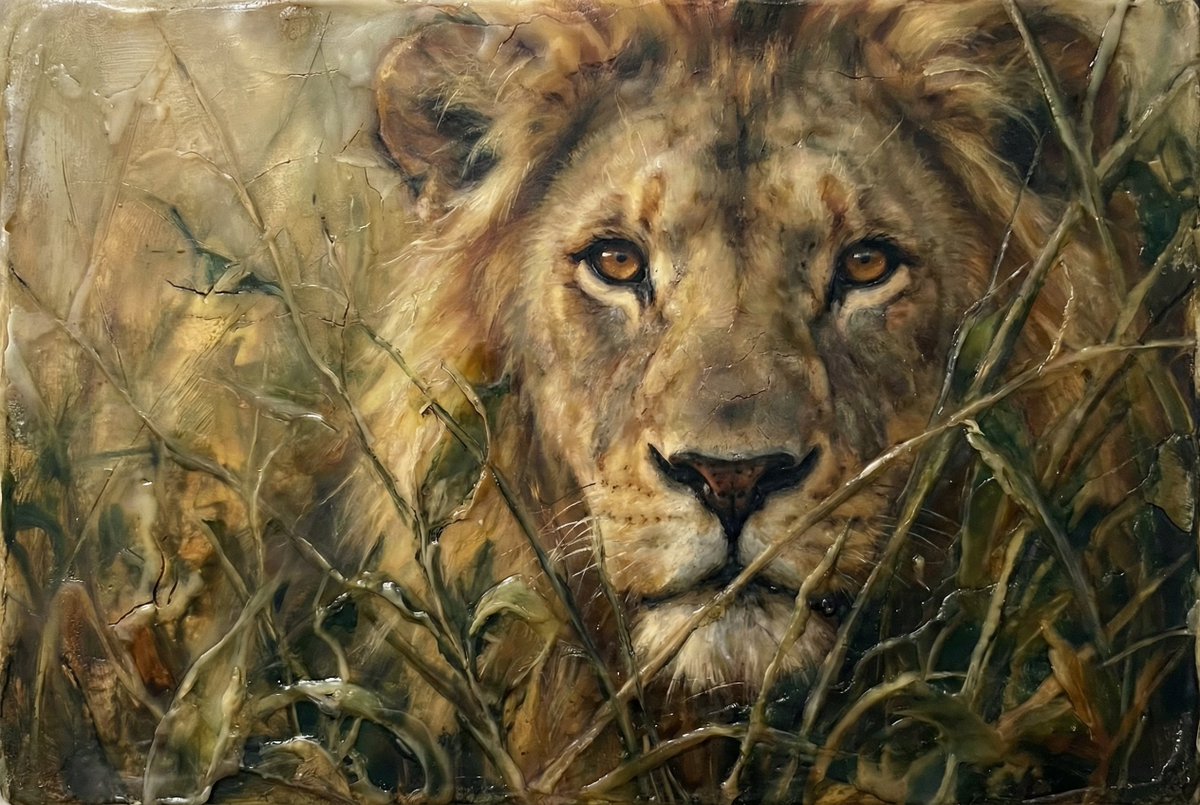 Heavily Detailed Oil Painting of a Lion in a Thicket — example 1