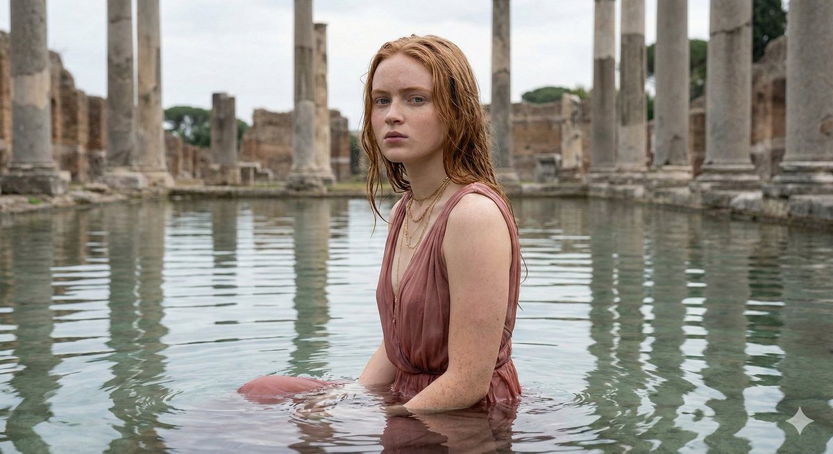 Sadie Sink in Grecian Dress in Ancient Ruins — example 1