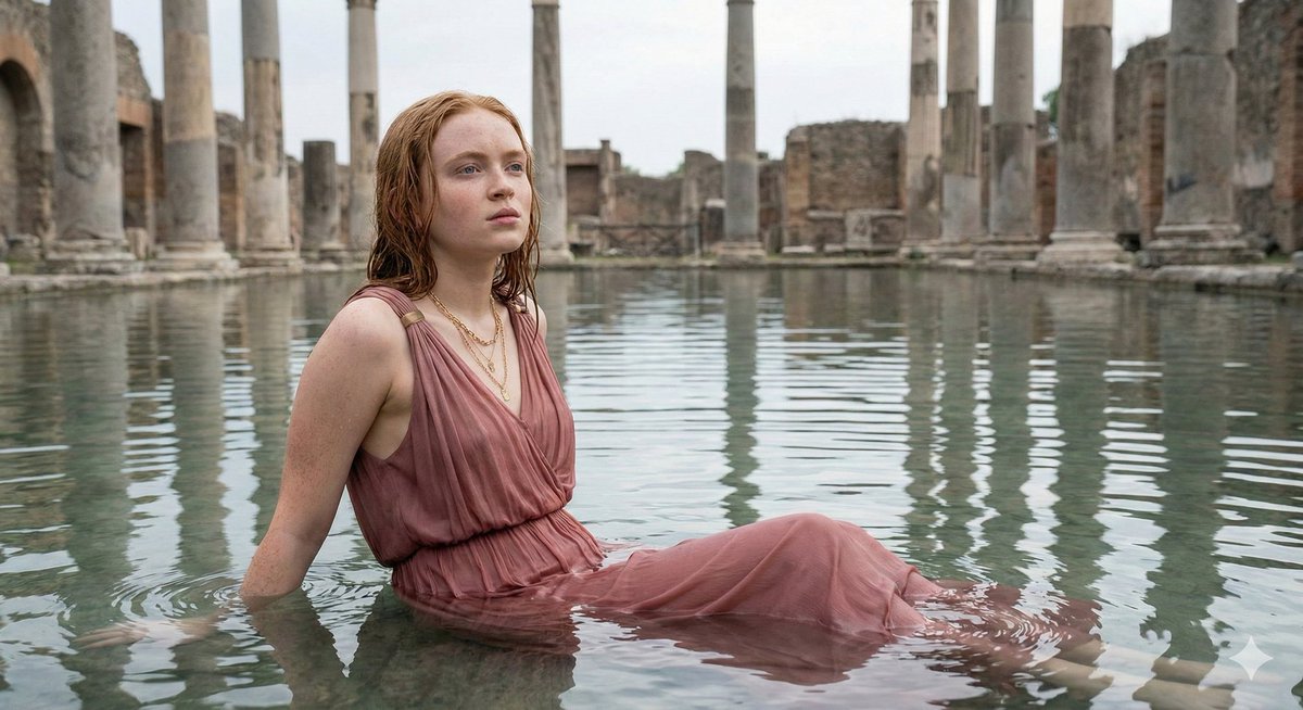 Sadie Sink in Grecian Dress in Ancient Ruins — example 2