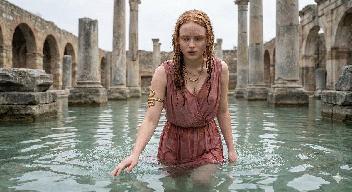 Sadie Sink in Grecian Dress in Ancient Ruins — example 3