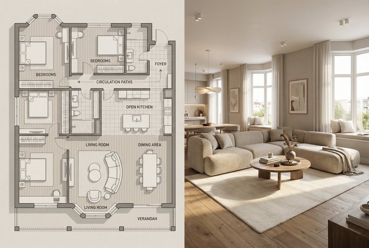 Architectural Floor Plan and Realistic Interior Photo Generation — example 1