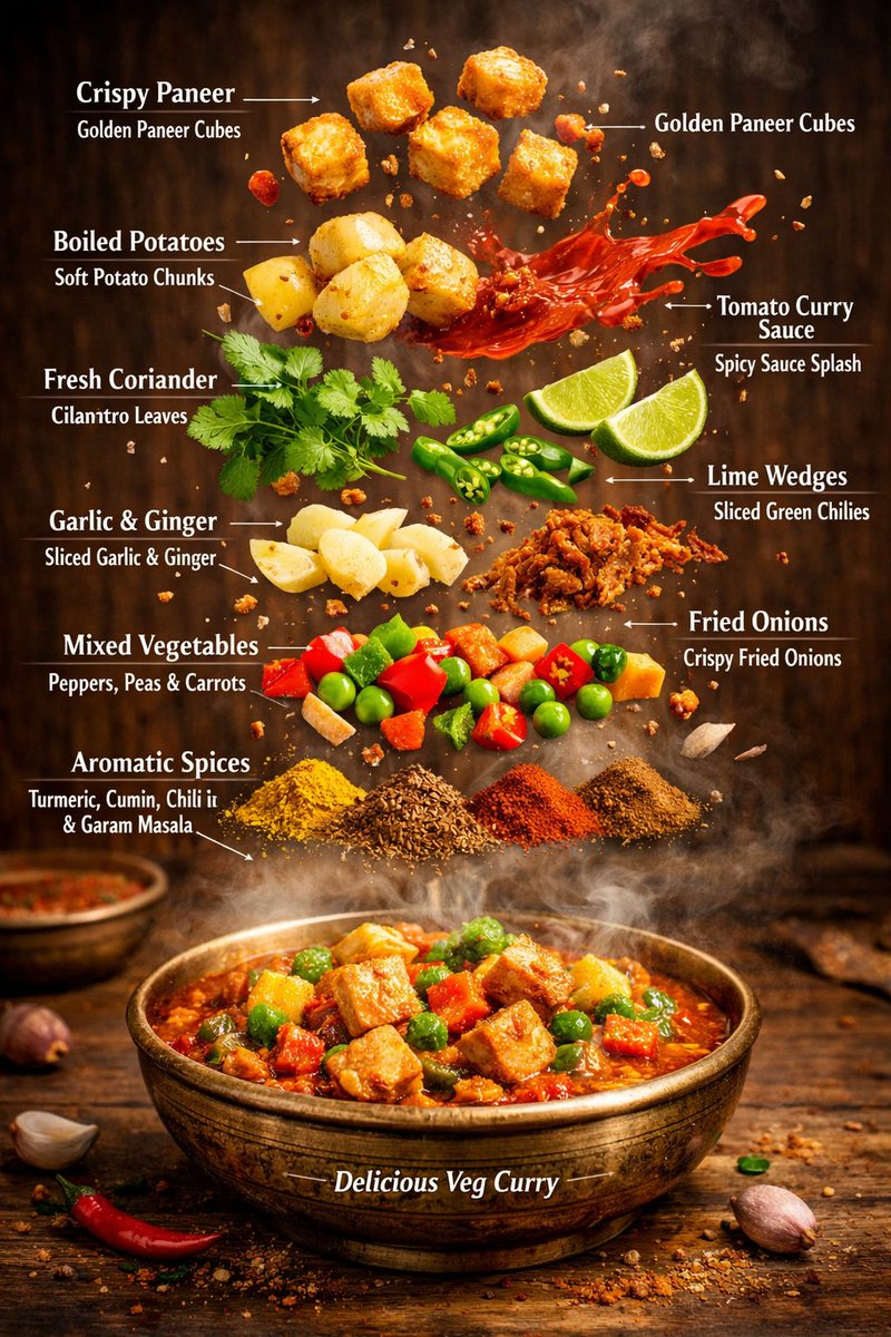Hyper-realistic editorial food infographic of Indian Veg Curry — example 1