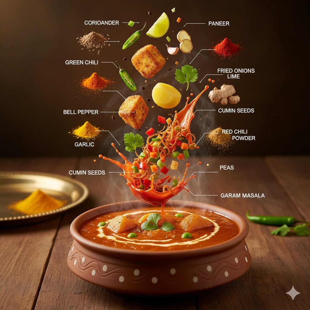 Hyper-realistic editorial food infographic of Indian Veg Curry — example 2