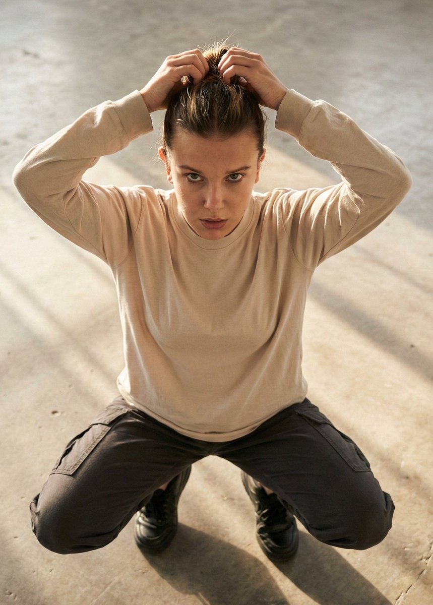 Editorial realism portrait of a woman tying her hair — example 1