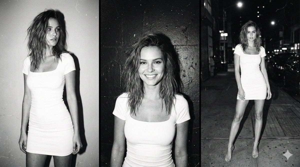 Multi-panel black and white film photo of model — example 1