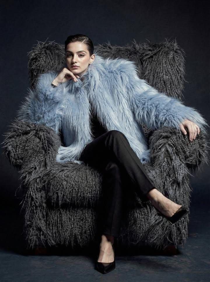 Ultra-high fashion editorial portrait in faux-fur coat — example 1