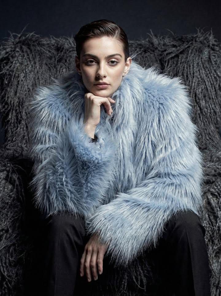 Ultra-high fashion editorial portrait in faux-fur coat — example 2