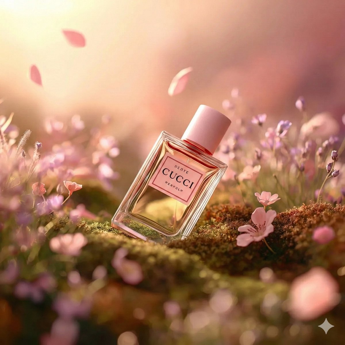 Hyper-realistic luxury perfume product shot in fantasy meadow — example 2