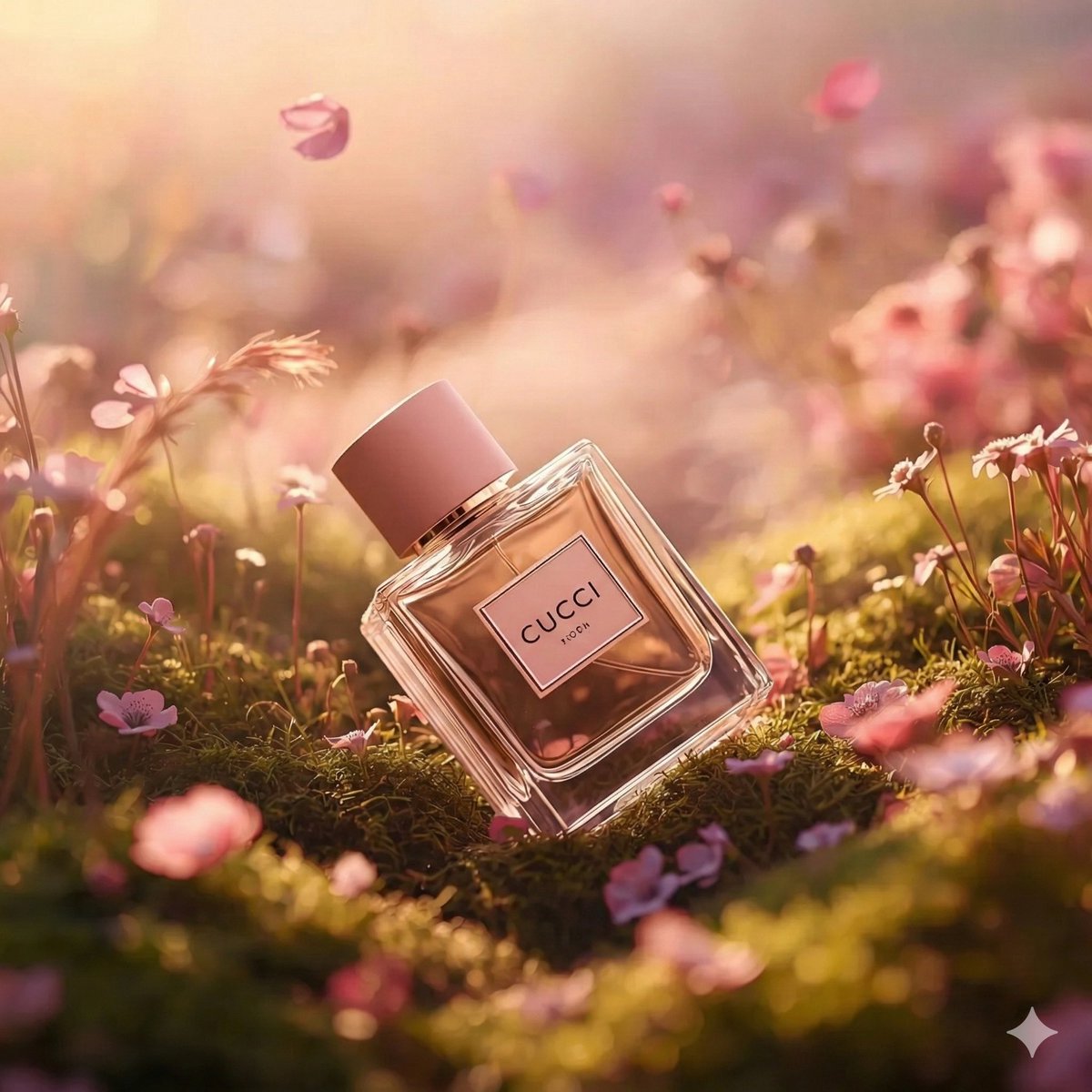 Hyper-realistic luxury perfume product shot in fantasy meadow — example 3