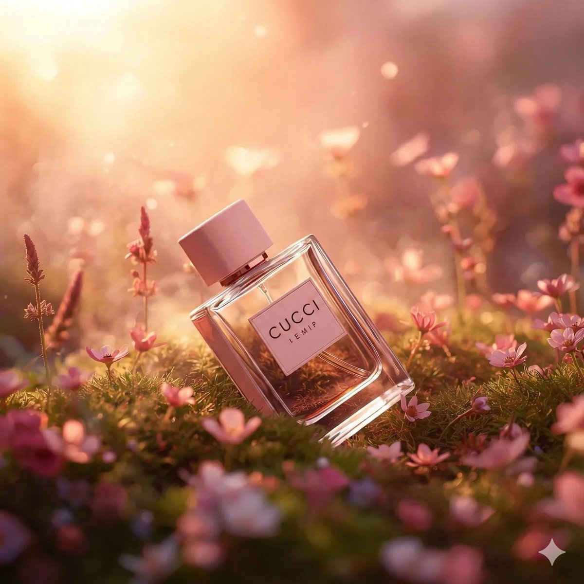 Hyper-realistic luxury perfume product shot in fantasy meadow — example 4