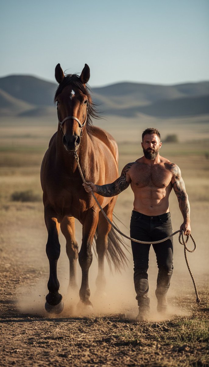 Hyper-realistic cinematic photograph of man and powerful horse — example 1