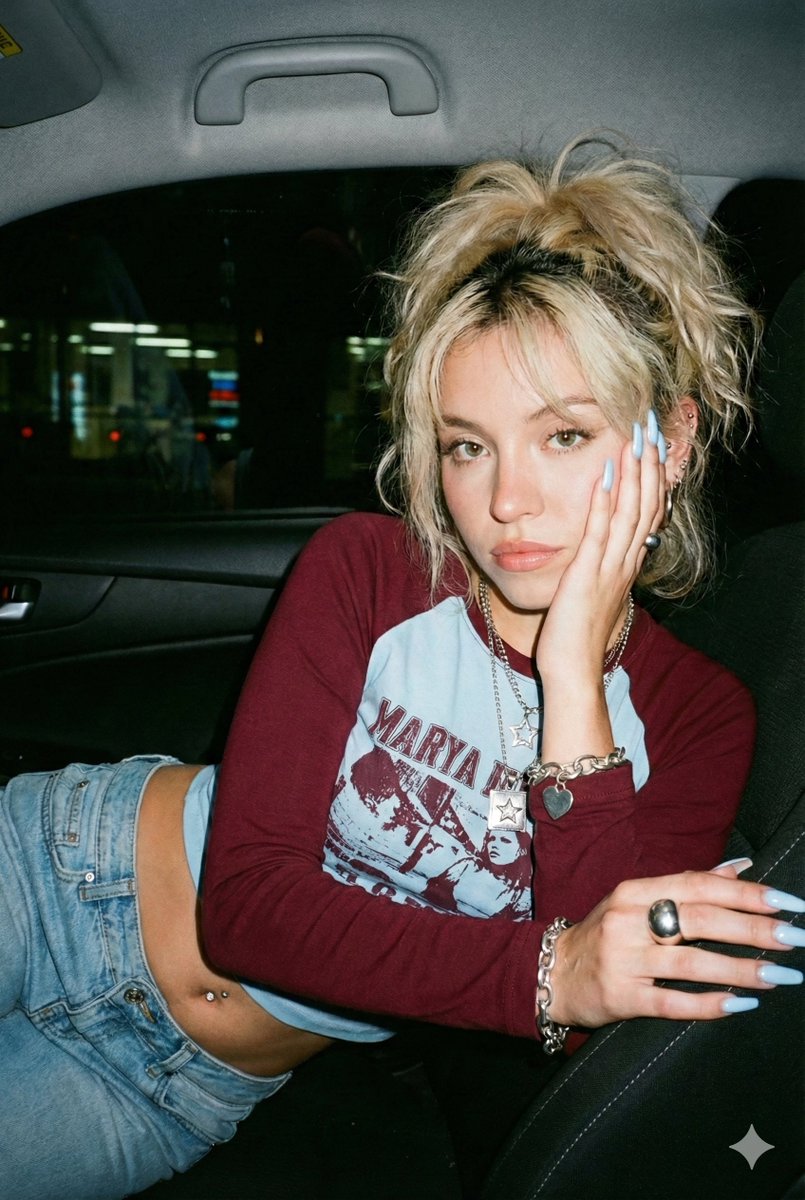 Y2K Flash Photography Portrait in a Car — example 2