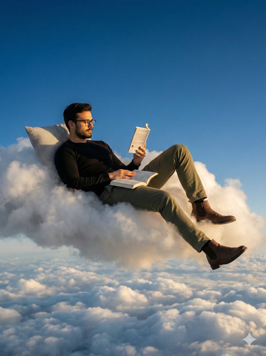 Photorealistic Surreal Scene of a Man Reclining on a Floating Cloud — example 1