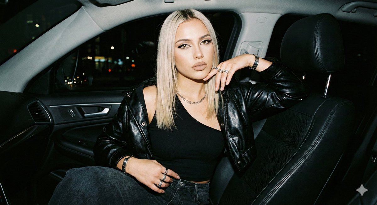 JSON Prompt for Flash Photography Portrait in a Car at Night — example 1