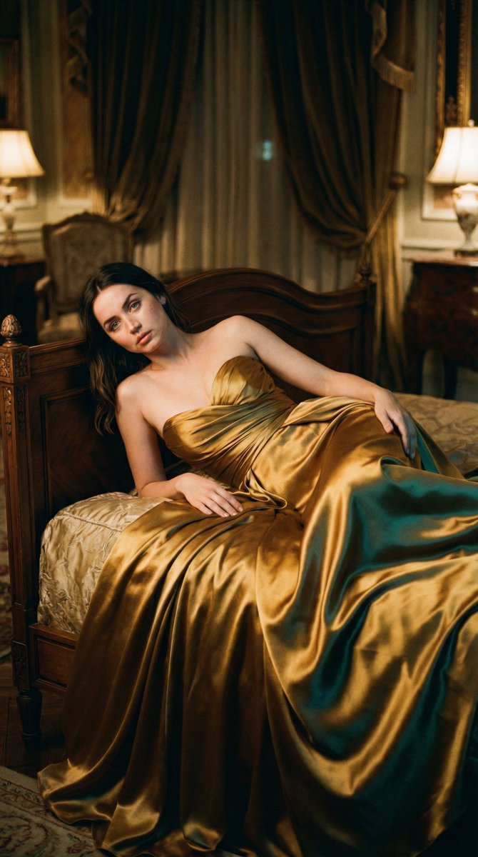 JSON Prompt for Cinematic Still of Ana de Armas in a Golden Nightgown — example 3