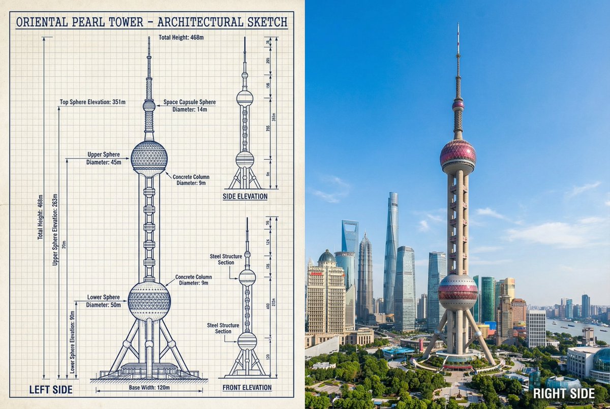 JSON Prompt for Side-by-Side Architectural Comparison of Oriental Pearl Tower