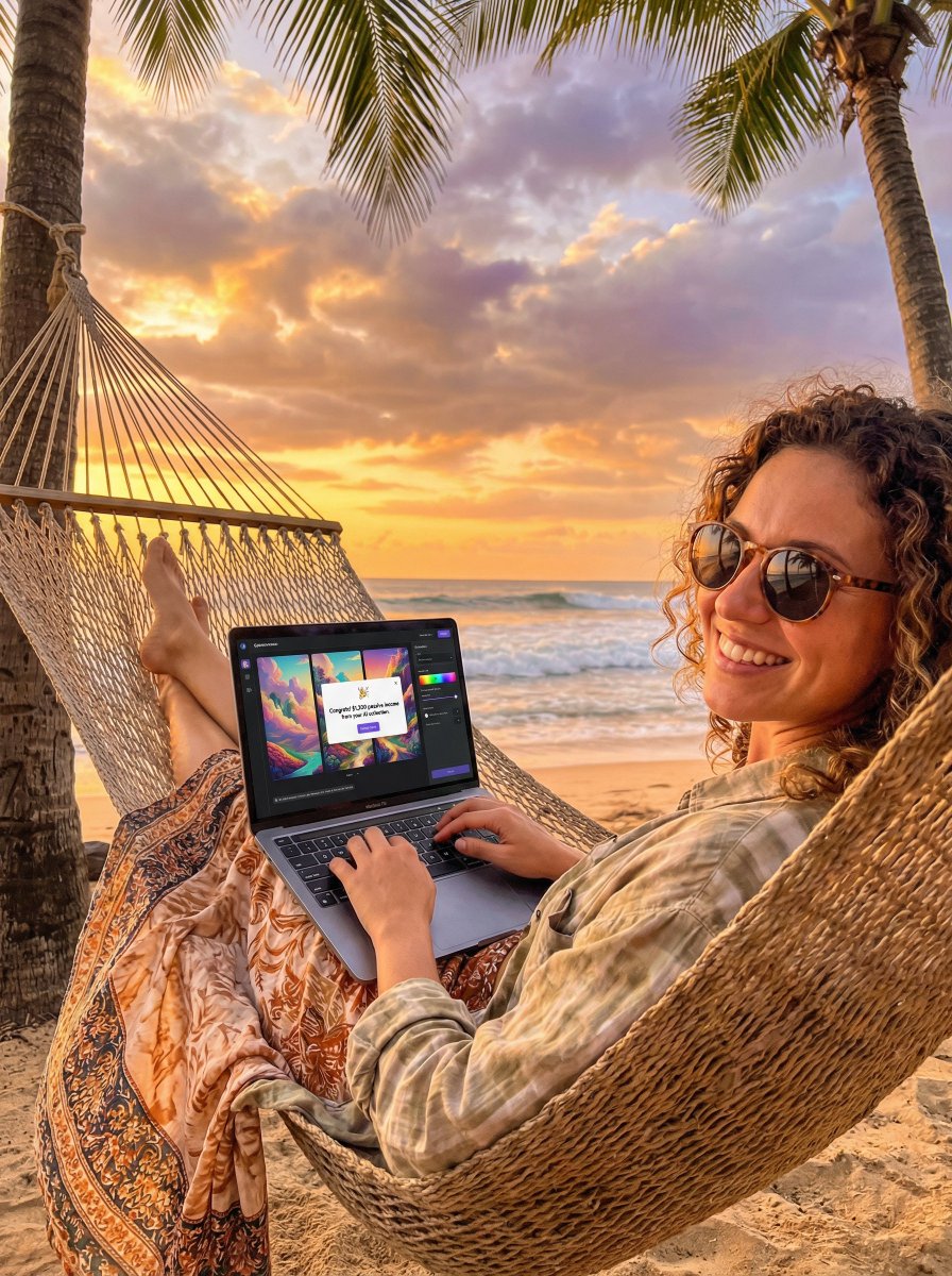 JSON Prompt for Digital Nomad Generating AI Art on a Beach Hammock — example 2