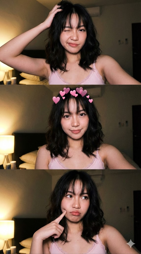 JSON Prompt for Vertical Triptych Selfie of Jenna Ortega Lookalike — example 1