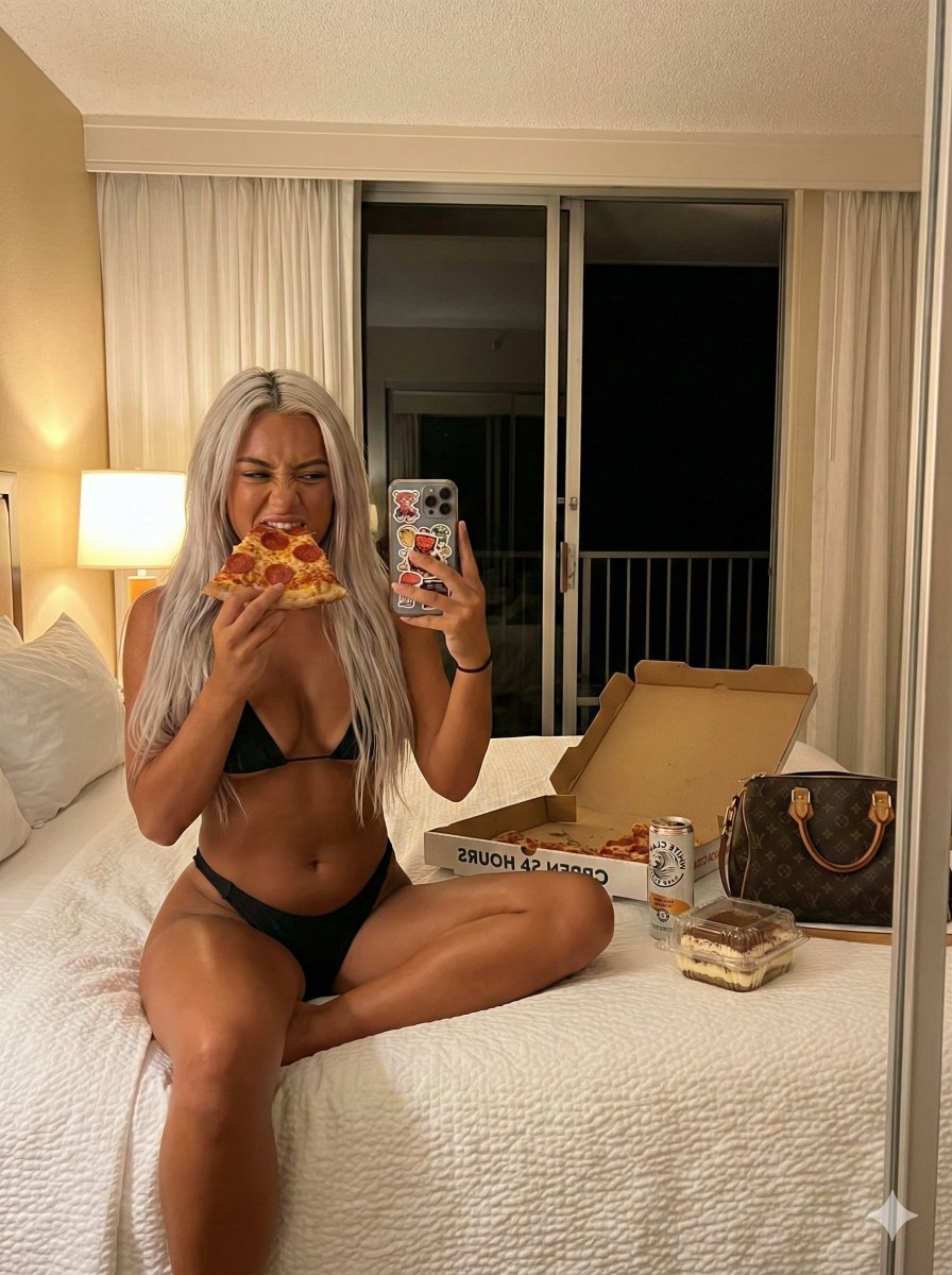 Mirror Selfie While Eating Pizza in a Hotel Room — example 1