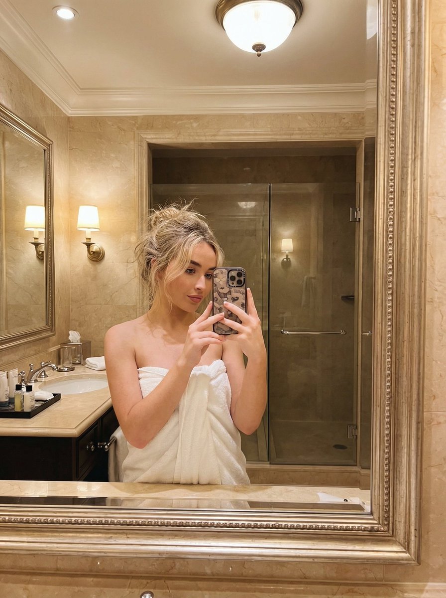 Sabrina Carpenter Mirror Selfie in a Bath Towel — example 2