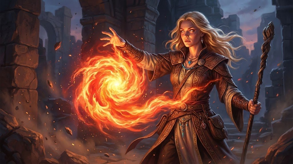 Hyperrealistic D&D Female Fire Mage — example 1