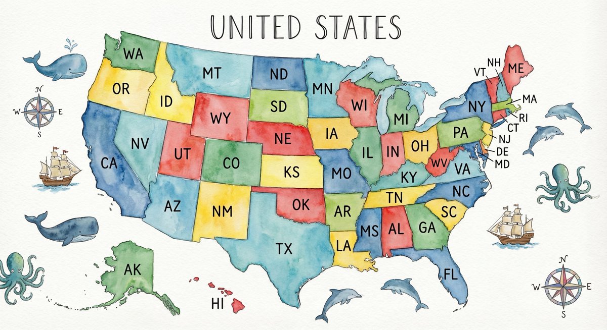 Watercolor US map with state abbreviations — example 1