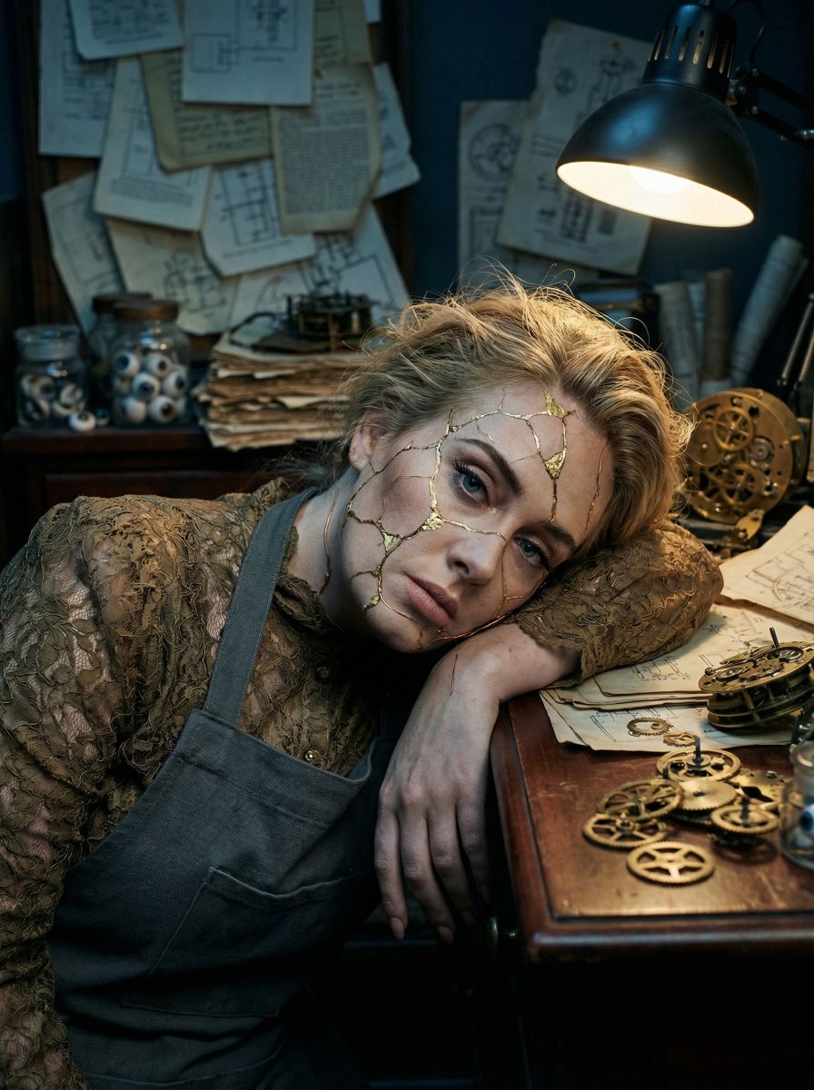 Surreal Kintsugi Portrait in an Automaton Workshop
