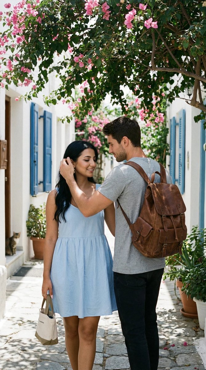 Ultra-Photorealistic Candid Travel Romance Scene: Aegean Stone Street — example 1