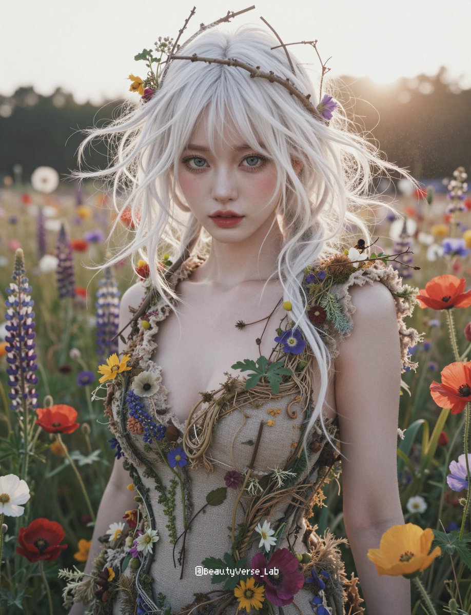 JSON Prompt for Ethereal Flower Field Fantasy Portrait — example 4