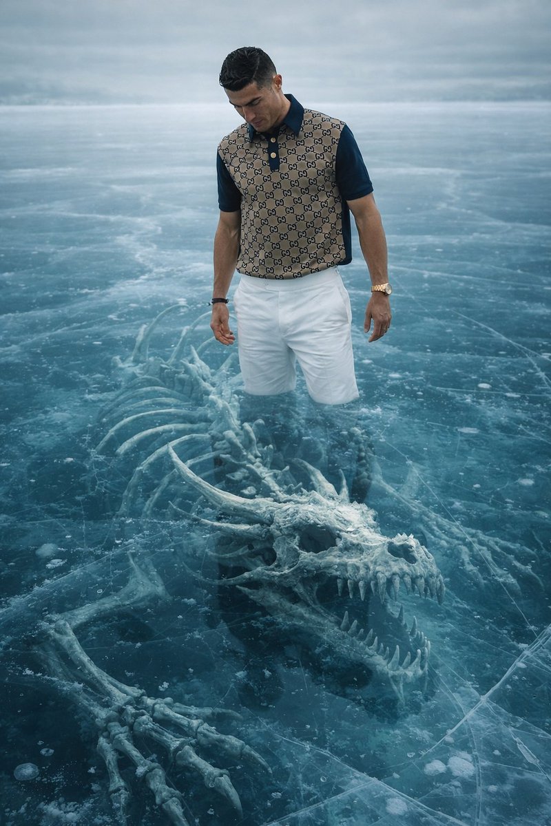 8K Ultra-Realistic Promotional Image of a Man on Ice with a Submerged Skeleton — example 1