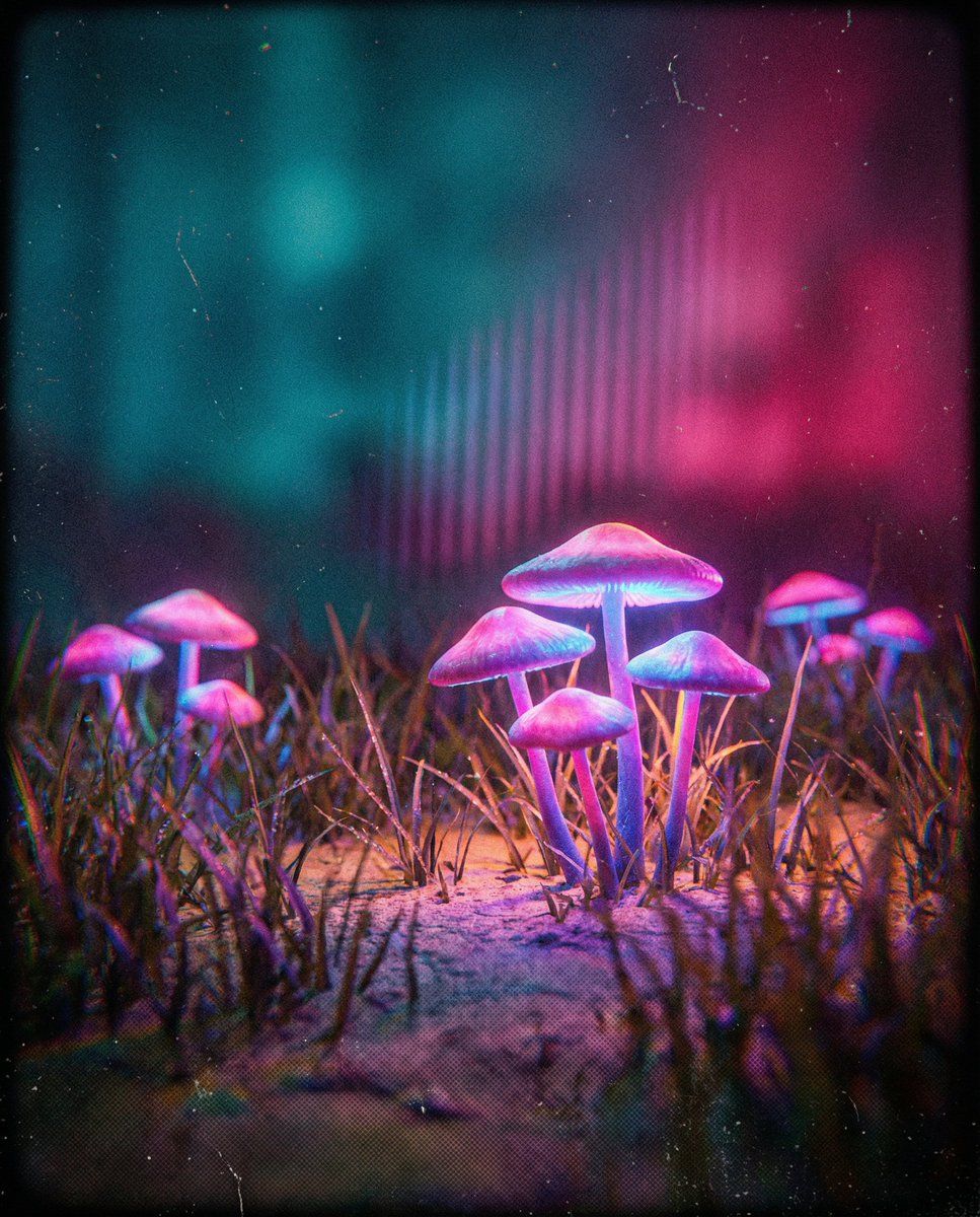 Bioluminescent Mushroom Cluster in Retro Sci-Fi Style — example 1