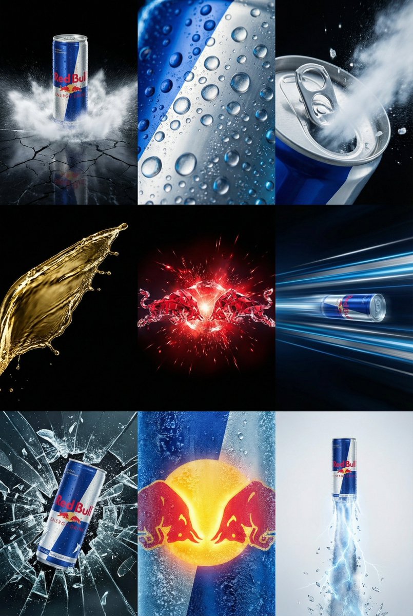 Red Bull Commercial Grid Collage Prompt (JSON) — example 1