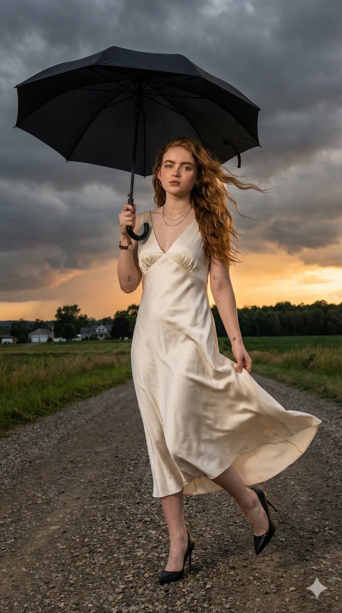 Sadie Sink Cinematic Stormy Sunset Portrait — example 1