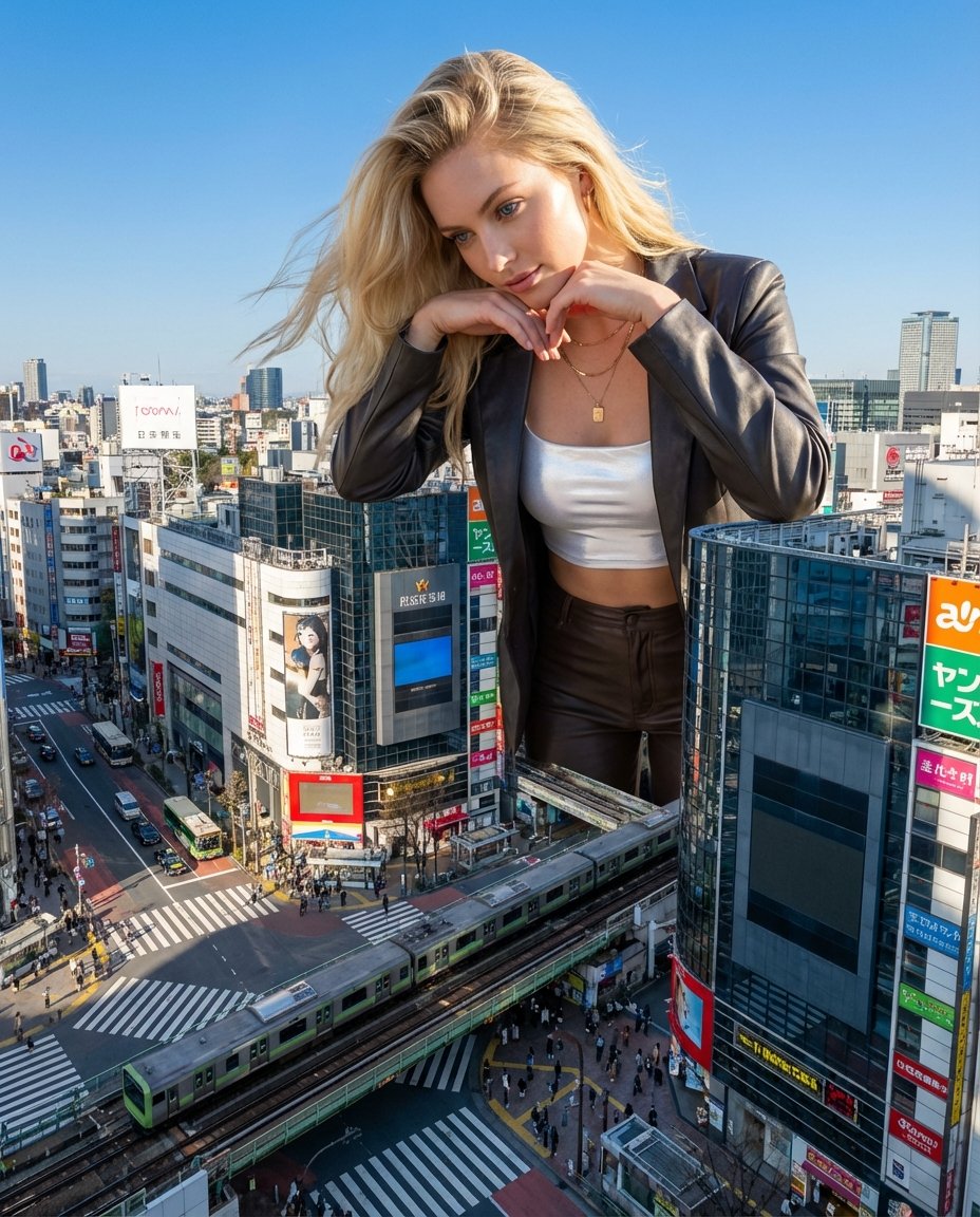 Surreal Giant Woman at Shibuya Crossing Prompt — example 1