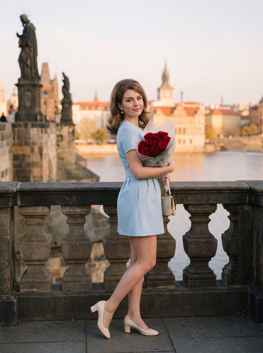 Editorial Photograph of Woman with Roses in Prague (JSON) — example 1
