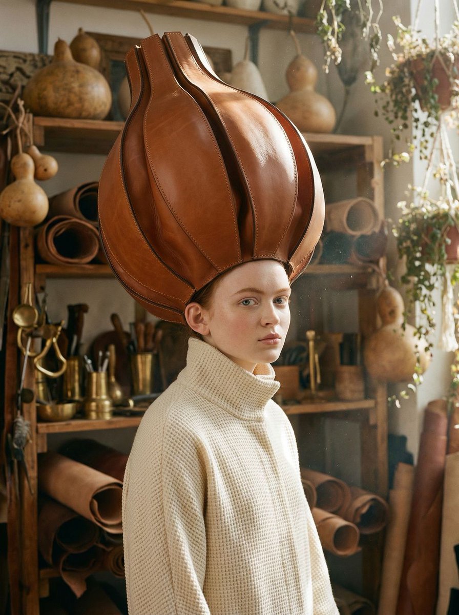 Avant-Garde Fashion Portrait with Leather Headpiece (JSON) — example 2